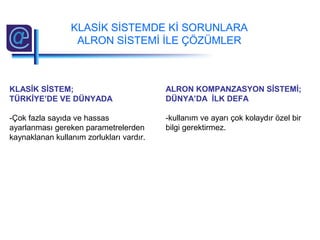 KLASİK SİSTEMDE Kİ SORUNLARA
ALRON SİSTEMİ İLE ÇÖZÜMLER
KLASİK SİSTEM;
TÜRKİYE’DE VE DÜNYADA
-Çok fazla sayıda ve hassas
ayarlanması gereken parametrelerden
kaynaklanan kullanım zorlukları vardır.
ALRON KOMPANZASYON SİSTEMİ;
DÜNYA’DA İLK DEFA
-kullanım ve ayarı çok kolaydır özel bir
bilgi gerektirmez.
 
