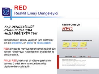 -FAZ DENGESİZLİĞİ
-YÜKSÜZ ÇALIŞMA
-HIZLI DEĞİŞKEN YÜK
kompanzayon sorunu yaşayan tüm işletmeler
için en ekonomik, en pratik ve kesin çözüm.
RED; piyasada mevcut haberleşmeli reaktif güç
kontrol rölesi veya haberleşmeli analizörler ile
birlikte çalışır.
AKILLI RED; herhangi bir röleye gereksinim
duymaz 3 adet akım trafosundan aldığı
bilgilerle direk çalışabilir.
RED
Reaktif Enerji Dengeleyici
 