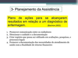 3- Planejamento da Assistência
Plano de ações para se alcançarem
resultados em relação a um diagnóstico de
enfermagem. (Bachion,2002)
1. Promover comunicação entre os cuidadores
2. Direcionar o cuidado e a documentação
3. Criar registro que possa ser utilizado em avaliações, pesquisas, e
processos legais
4. Fornecer a documentação das necessidades de atendimento de
saúde com a finalidade de retorno financeiro
 