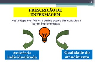 PRESCRIÇÃO DE
ENFERMAGEM
Nesta etapa o enfermeiro decide acerca das condutas a
serem implementadas
Assistência
individualizada
Qualidade do
atendimento
113
 
