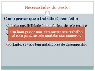 A única possibilidade é ter métricas de referência e
avaliar periodicamente o seu processo para
comparar com as métricas.
Portanto, se você tem indicadores de desempenho.
Necessidades do Gestor
Como provar que o trabalho é bem feito?
Um bom gestor não demonstra seu trabalho
só com palavras, ele também usa números.
 