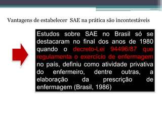 Vantagens de estabelecer SAE na prática são incontestáveis
Estudos sobre SAE no Brasil só se
destacaram no final dos anos de 1980
quando o decreto-Lei 94496/87 que
regulamenta o exercício de enfermagem
no país, definiu como atividade privativa
do enfermeiro, dentre outras, a
elaboração da prescrição de
enfermagem (Brasil, 1986)
 