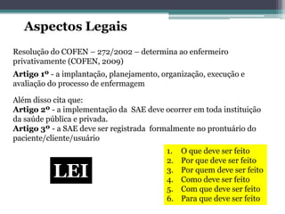 Aspectos Legais
Resolução do COFEN – 272/2002 – determina ao enfermeiro
privativamente (COFEN, 2009)
Artigo 1º - a implantação, planejamento, organização, execução e
avaliação do processo de enfermagem
Além disso cita que:
Artigo 2º - a implementação da SAE deve ocorrer em toda instituição
da saúde pública e privada.
Artigo 3º - a SAE deve ser registrada formalmente no prontuário do
paciente/cliente/usuário
LEI
1. O que deve ser feito
2. Por que deve ser feito
3. Por quem deve ser feito
4. Como deve ser feito
5. Com que deve ser feito
6. Para que deve ser feito
 