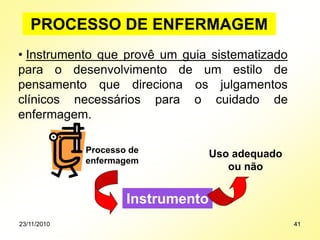 PROCESSO DE ENFERMAGEM
• Instrumento que provê um guia sistematizado
para o desenvolvimento de um estilo de
pensamento que direciona os julgamentos
clínicos necessários para o cuidado de
enfermagem.
Processo de
enfermagem
Instrumento
Uso adequado
ou não
23/11/2010 41
 