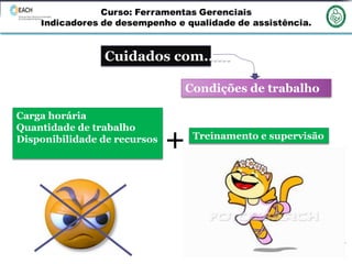 Condições de trabalho
Carga horária
Quantidade de trabalho
Disponibilidade de recursos
Cuidados com......
+ Treinamento e supervisão
 