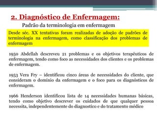 Padrão da terminologia em enfermagem
Desde séc. XX tentativas foram realizadas de adoção de padrões de
terminologia na enfermagem, como classificação dos problemas de
enfermagem
1950 Abdellah descreveu 21 problemas e os objetivos terapêuticos de
enfermagem, tendo como foco as necessidades dos clientes e os problemas
de enfermagem.
1953 Vera Fry – identificou cinco áreas de necessidades do cliente, que
consideram o domínio da enfermagem e o foco para os diagnósticos de
enfermagem.
1966 Henderson identificou lista de 14 necessidades humanas básicas,
tendo como objetivo descrever os cuidados de que qualquer pessoa
necessita, independentemente do diagnostico e do tratamento médico
 