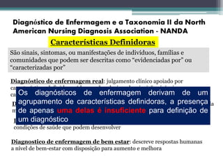 Características Definidoras
São sinais, sintomas, ou manifestações de indivíduos, famílias e
comunidades que podem ser descritas como “evidenciadas por” ou
“caracterizadas por”
Diagnóstico de enfermagem real: julgamento clínico apoiado por
características definidoras (dor aguda relacionada a incisão cirúrgica
caracterizada por relato verbal e expressão facial de dor.
Diagnostico de enfermagem de promoção da saúde: julgamento clínico da
motivação e do desejo de aumentar seu bem estar
Diagnóstico de enfermagem de risco: descreve respostas humanas às
condições de saúde que podem desenvolver
Diagnostico de enfermagem de bem estar: descreve respostas humanas
a nível de bem-estar com disposição para aumento e melhora
Os diagnósticos de enfermagem derivam de um
agrupamento de características definidoras, a presença
de apenas uma delas é insuficiente para definição de
um diagnóstico
 