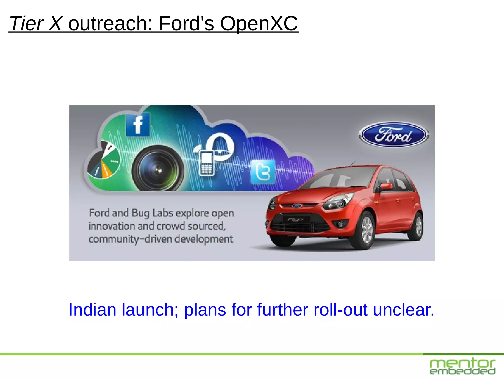 Tier X outreach: Ford's OpenXC




      Indian launch; plans for further roll-out unclear.
 
