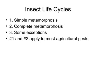 Insect Life Cycles
• 1. Simple metamorphosis
• 2. Complete metamorphosis
• 3. Some exceptions
• #1 and #2 apply to most agricultural pests
 
