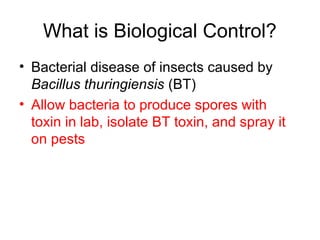 What is Biological Control?
• Bacterial disease of insects caused by
Bacillus thuringiensis (BT)
• Allow bacteria to produce spores with
toxin in lab, isolate BT toxin, and spray it
on pests
 