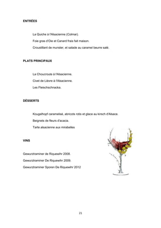 21
ENTRÉES
La Quiche à l'Alsacienne (Colmar).
Foie gras d’Oie et Canard frais fait maison.
Croustillant de munster, et salade au caramel beurre salé.
PLATS PRINCIPAUX
La Choucroute à l'Alsacienne.
Civet de Lièvre à l'Alsacienne.
Les Fleischschnacka.
DÉSSERTS
Kougelhopf caramelisé, abricots rotis et glace au kirsch d'Alsace.
Beignets de fleurs d'acacia.
Tarte alsacienne aux mirabelles
VINS
Gewurztraminer de Riquewihr 2008.
Gewurztraminer De Riquewihr 2009.
Gewurztraminer Sporen De Riquewihr 2012
 