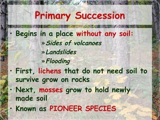 Primary Succession
• Begins in a place without any soil:
»Sides of volcanoes
»Landslides
»Flooding
• First, lichens that do not need soil to
survive grow on rocks
• Next, mosses grow to hold newly
made soil
• Known as PIONEER SPECIES
 