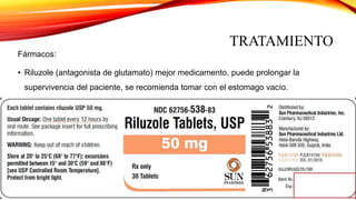 TRATAMIENTO
Fármacos:
• Riluzole (antagonista de glutamato) mejor medicamento, puede prolongar la
supervivencia del paciente, se recomienda tomar con el estomago vacío.
 