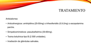 TRATAMIENTO
Antisialorrea:
• Anticolinergicos: amitriptilina (25-50mg) o trihexifenidilo (0.5-2mg) o escopolamina
parche.
• Simpaticomimeticos: pseudoefedrina (30-60mg).
• Toxina botulínica tipo B (2 500 unidades).
• Irradiación de glándulas salivales.
 