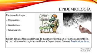 EPIDEMIOLOGÍA
Factores de riesgo
• Plaguicidas.
• Insecticidas.
• Tabaquismo.
Se han descrito focos endémicos de mayor prevalencia en el Pacífico occidental (p.
ej., en determinadas regiones de Guam y Papua Nueva Guinea). Teoría alimentaria.
Kasper, D. (2015)
Muñiz, C. (2015)
 