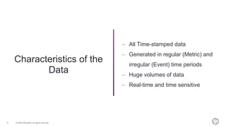 © 2021 InfluxData. All rights reserved.
9
Characteristics of the
Data
– All Time-stamped data
– Generated in regular (Metr...