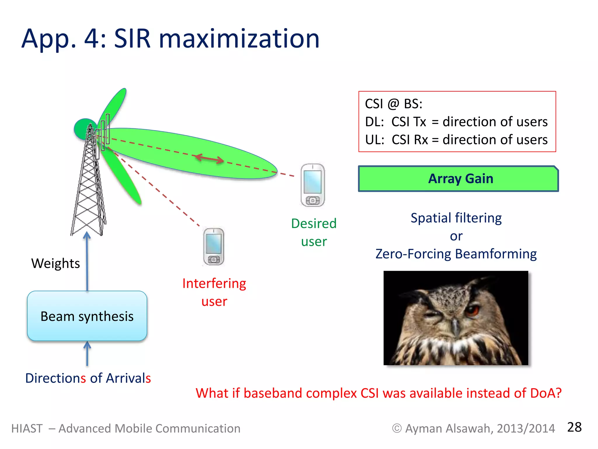 App. 4: SIR maximization 
Desired 
user 
Interfering 
user 
Weights 
Beam synthesis 
Directions of Arrivals 
CSI @ BS: 
DL: CSI Tx = direction of users 
UL: CSI Rx = direction of users 
Array Gain 
Spatial filtering 
or 
Zero-Forcing Beamforming 
What if baseband complex CSI was available instead of DoA? 
HIAST – Advanced Mobile Communication  Ayman Alsawah, 2013/2014 28 
 