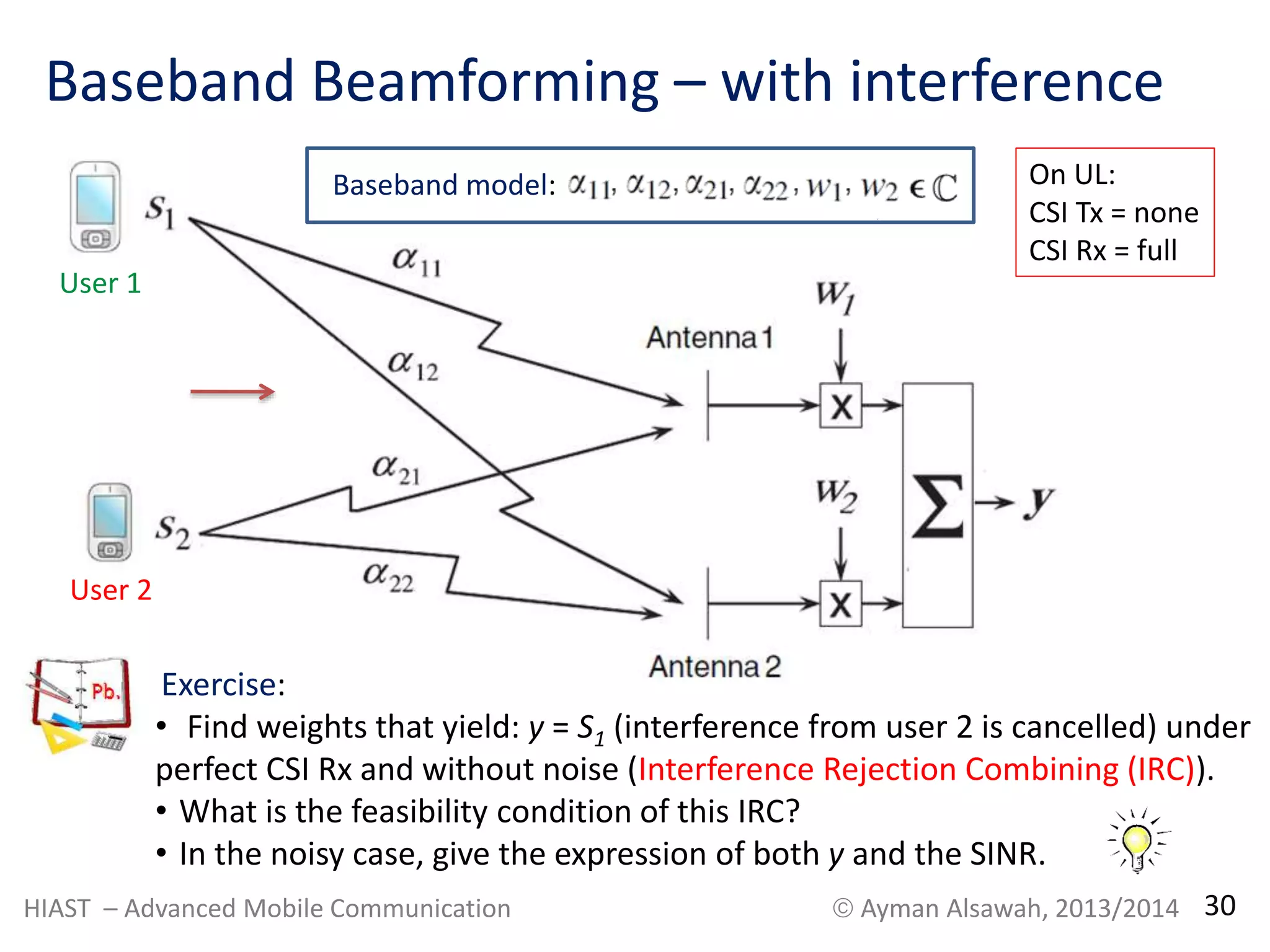 Baseband Beamforming – with interference 
User 1 
User 2 
Baseband model: 
On UL: 
CSI Tx = none 
CSI Rx = full 
Exercise: 
• Find weights that yield: y = S1 (interference from user 2 is cancelled) under 
perfect CSI Rx and without noise (Interference Rejection Combining (IRC)). 
• What is the feasibility condition of this IRC? 
• In the noisy case, give the expression of both y and the SINR. 
HIAST – Advanced Mobile Communication  Ayman Alsawah, 2013/2014 30 
 