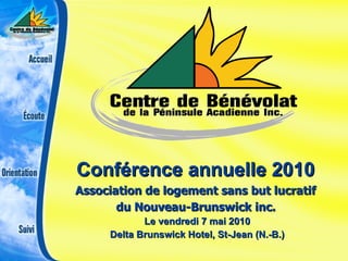 Conférence annuelle 2010   Association de logement sans but lucratif  du Nouveau-Brunswick inc.   Le vendredi 7 mai 2010 Delta Brunswick Hotel, St-Jean (N.-B.) 