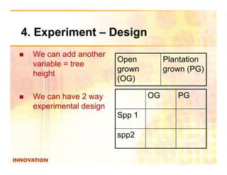 4.
4 Experiment – Design
   We can add another
                          Open         Plantation
    variable = tree
                          grown        grown (PG)
    height
       g
                          (OG)

   We can have 2 way             OG      PG
    experimental design
                          Spp 1

                          spp2
 