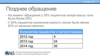 ПЕРВАЯ ЕЖЕГОДНАЯ ОБЩЕРОССИЙСКАЯ
ПАЦИЕНТСКАЯ КОНФЕРЕНЦИЯ ПО БАС
МОСКВА 2015
Позднее обращение
•  На момент обращения у 35% пациентов потеря массы тела
была более 20%
•  У 20% пациентов жизненная емкость легких была менее
50% от должных величин.
Количество пациентов с гастростомами
2012 год 4
2013 год 24
2014 год 35
 