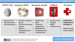 ПЕРВАЯ ЕЖЕГОДНАЯ ОБЩЕРОССИЙСКАЯ
ПАЦИЕНТСКАЯ КОНФЕРЕНЦИЯ ПО БАС
МОСКВА 2015
Медцентр ММОФГБНУ НЦН Выездная служба ИнтернетГКБ№12
•  Диагностика
•  Консультации
•  Исследования
•  Клиники каждый
месяц
•  Психологические
группы
•  Выдача
оборудования и
питания
•  Медсестра
•  Врач
•  Психолог
•  Священник
•  Доброволец
•  Координаторы
•  Соцработник
•  Гастростомы
•  Подбор
НИВЛ
•  Трахеостомы
mndfund.ru
miloserdie.ru
air4help.ru
•  Информация
•  Сбор средств
+79015936000
 