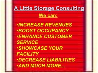 A Little Storage Consulting We can: ,[object Object],[object Object],[object Object],[object Object],[object Object],[object Object]