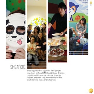 13

singapore
The Singapore office organized a tea party to
raise funds for Ronald McDonald House Charities
benefitting children at the National University
Hospital. The team sang with the children and
created animal masks and balloon art.

 