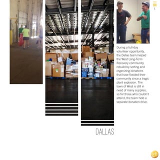 5

During a full-day
volunteer opportunity,
the Dallas team helped
the West Long-Term
Recovery community
rebuild by sorting and
organizing donations
that have flooded their
community since a tragic
plant explosion. The
town of West is still in
need of many supplies,
so for those who couldn’t
attend, the team held a
separate donation drive.

Dallas

 