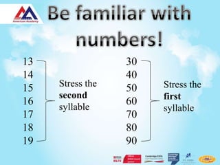 13                30
14                40
15   Stress the   50   Stress the
     second            first
16   syllable
                  60
                       syllable
17                70
18                80
19                90
 