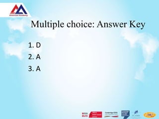 Multiple choice: Answer Key

1. D
2. A
3. A
 