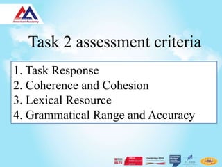 Task 2 assessment criteria
1. Task Response
2. Coherence and Cohesion
3. Lexical Resource
4. Grammatical Range and Accuracy
 