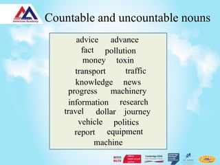 Countable and uncountable nouns
        advice advance
         advice
          fact pollution
           money toxin
        transport traffic
       transport      traffic
       knowledge news
     progress
     progress machinery
     information research
   travel dollar journey
    travel
         vehicle politics
                 equipment
       report equipment
              machine
 