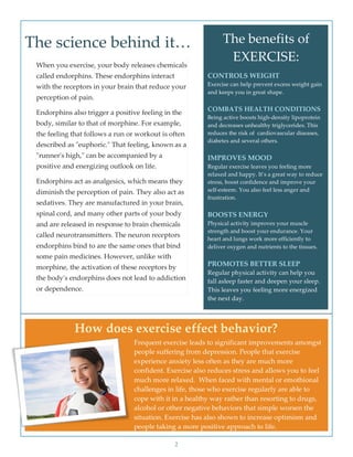  
  
2  
The  science  behind  it…  
When  you  exercise,  your  body  releases  chemicals  
called  endorphins.  These  endorphins  interact  
with  the  receptors  in  your  brain  that  reduce  your  
perception  of  pain.  
Endorphins  also  trigger  a  positive  feeling  in  the  
body,  similar  to  that  of  morphine.  For  example,  
the  feeling  that  follows  a  run  or  workout  is  often  
described  as  "ʺeuphoric."ʺ  That  feeling,  known  as  a  
"ʺrunner'ʹs  high,"ʺ  can  be  accompanied  by  a  
positive  and  energizing  outlook  on  life.  
Endorphins  act  as  analgesics,  which  means  they  
diminish  the  perception  of  pain.  They  also  act  as  
sedatives.  They  are  manufactured  in  your  brain,  
spinal  cord,  and  many  other  parts  of  your  body  
and  are  released  in  response  to  brain  chemicals  
called  neurotransmitters.  The  neuron  receptors  
endorphins  bind  to  are  the  same  ones  that  bind  
some  pain  medicines.  However,  unlike  with  
morphine,  the  activation  of  these  receptors  by  
the  body'ʹs  endorphins  does  not  lead  to  addiction  
or  dependence.  
  
CONTROLS  WEIGHT    
Exercise  can  help  prevent  excess  weight  gain  
and  keeps  you  in  great  shape.  
  
COMBATS  HEALTH  CONDITIONS  
Being  active  boosts  high-­‐‑density  lipoprotein  
and  decreases  unhealthy  triglycerides.  This  
reduces  the  risk  of    cardiovascular  diseases,  
diabetes  and  several  others.  
  
IMPROVES  MOOD  
Regular  exercise  leaves  you  feeling  more  
relaxed  and  happy.  It’s  a  great  way  to  reduce  
stress,  boost  confidence  and  improve  your  
self-­‐‑esteem.  You  also  feel  less  anger  and  
frustration.  
  
BOOSTS  ENERGY  
Physical  activity  improves  your  muscle  
strength  and  boost  your  endurance.  Your  
heart  and  lungs  work  more  efficiently  to  
deliver  oxygen  and  nutrients  to  the  tissues.  
  
PROMOTES  BETTER  SLEEP  
Regular  physical  activity  can  help  you  
fall  asleep  faster  and  deepen  your  sleep.  
This  leaves  you  feeling  more  energized  
the  next  day.  
How  does  exercise  effect  behavior?  
Frequent  exercise  leads  to  significant  improvements  amongst  
people  suffering  from  depression.  People  that  exercise  
experience  anxiety  less  often  as  they  are  much  more  
confident.  Exercise  also  reduces  stress  and  allows  you  to  feel  
much  more  relaxed.    When  faced  with  mental  or  emothional  
challenges  in  life,  those  who  exercise  regularly  are  able  to  
cope  with  it  in  a  healthy  way  rather  than  resorting  to  drugs,  
alcohol  or  other  negative  behaviors  that  simple  worsen  the  
situation.  Exercise  has  also  shown  to  increase  optimism  and  
people  taking  a  more  positive  approach  to  life.  
The  benefits  of  
EXERCISE:  
 