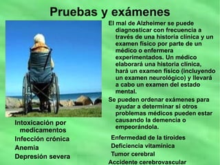 Pruebas y exámenes El mal de Alzheimer se puede diagnosticar con frecuencia a través de una historia clínica y un examen físico por parte de un médico o enfermera experimentados. Un médico elaborará una historia clínica, hará un examen físico (incluyendo un examen neurológico) y llevará a cabo un examen del estado mental. Se pueden ordenar exámenes para ayudar a determinar si otros problemas médicos pueden estar causando la demencia o empeorándola. Enfermedad de la tiroides Deficiencia vitamínica Tumor cerebral Accidente cerebrovascular Intoxicación por medicamentos Infección crónica  Anemia Depresión severa 