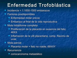 Enfermedad TrofoblásticaEnfermedad Trofoblástica
 Incidencia = 1:1000-1500 embarazosIncidencia = 1:1000-1500 embarazos
 Factores predisponiblesFactores predisponibles
 Enfermedad molar previaEnfermedad molar previa
 Embarazo al final de la vida reproductivaEmbarazo al final de la vida reproductiva
 Mola hidatiforme completaMola hidatiforme completa
 Proliferación de la placenta en ausencia del feto;Proliferación de la placenta en ausencia del feto;
46XX46XX
 Inflamación de la villi placentaria, comp. Racimo deInflamación de la villi placentaria, comp. Racimo de
uvasuvas
 Mola parcialMola parcial
 Placenta molar + feto no viable; 69XXYPlacenta molar + feto no viable; 69XXY
 RecurrenciaRecurrencia
 coriocarcinoma metastáticocoriocarcinoma metastático
 