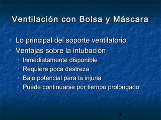 14
Ventilación con Bolsa y MáscaraVentilación con Bolsa y Máscara
• Lo principal del soporte ventilatorioLo principal del soporte ventilatorio
• Ventajas sobre la intubaciónVentajas sobre la intubación
• Inmediatamente disponibleInmediatamente disponible
• Requiere poca destrezaRequiere poca destreza
• Bajo potencial para la injuriaBajo potencial para la injuria
• Puede continuarse por tiempo prolongadoPuede continuarse por tiempo prolongado
 