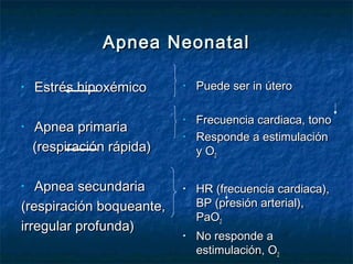 3
Apnea NeonatalApnea Neonatal
• Estrés hipoxémicoEstrés hipoxémico
• Apnea primariaApnea primaria
(respiración rápida)(respiración rápida)
• Apnea secundariaApnea secundaria
(respiración boqueante,(respiración boqueante,
irregular profunda)irregular profunda)
• Puede ser in úteroPuede ser in útero
• Frecuencia cardiaca, tonoFrecuencia cardiaca, tono
• Responde a estimulaciónResponde a estimulación
y Oy O22
• HR (frecuencia cardiaca),HR (frecuencia cardiaca),
BP (presión arterial),BP (presión arterial),
PaOPaO22
• No responde aNo responde a
estimulación, Oestimulación, O22
 