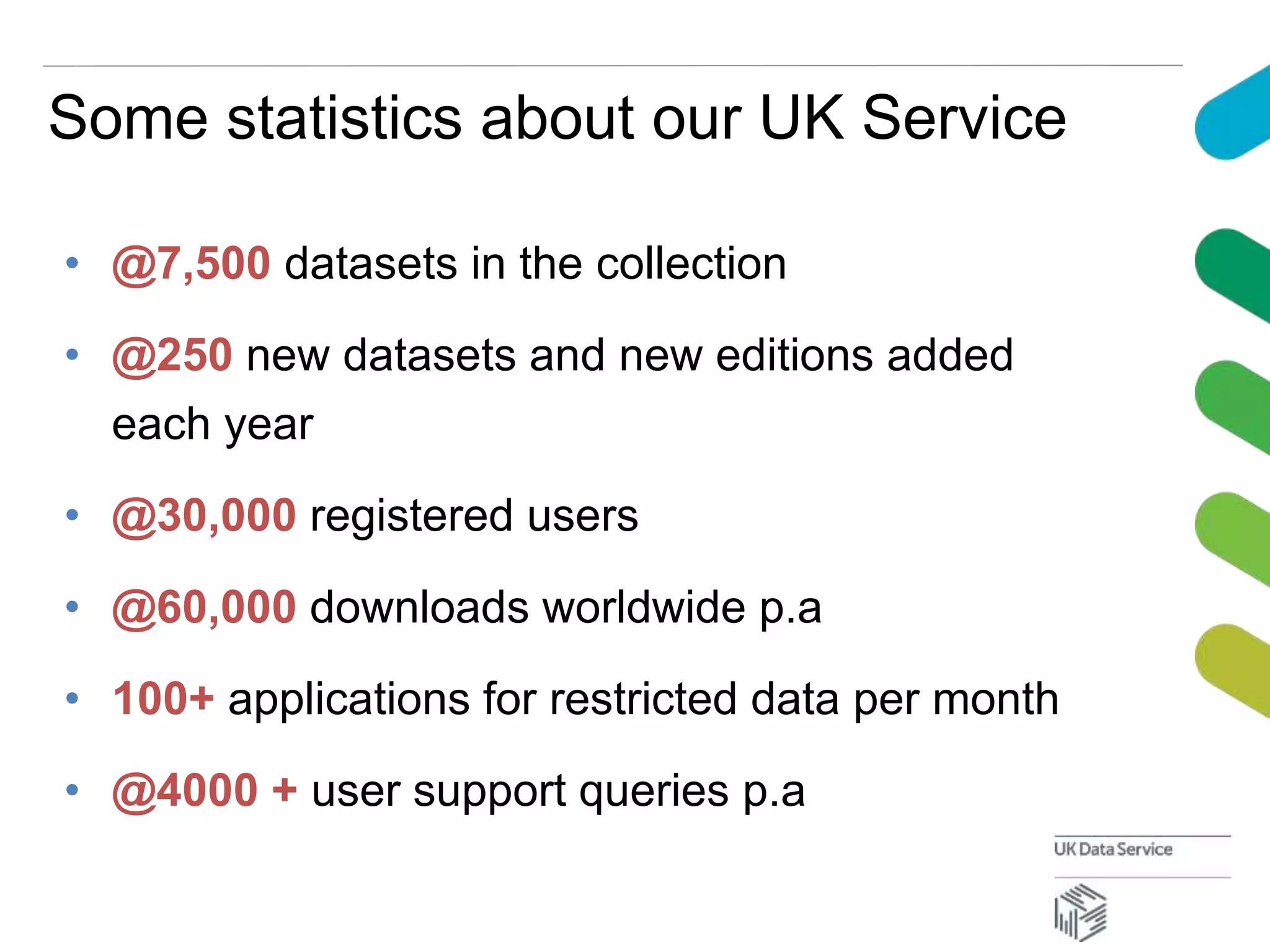 Some statistics about our UK Service
• @7,500 datasets in the collection
• @250 new datasets and new editions added
each year
• @30,000 registered users
• @60,000 downloads worldwide p.a
• 100+ applications for restricted data per month
• @4000 + user support queries p.a
 