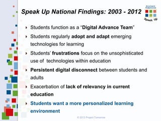 Speak Up National Findings: 2003 - 2012


Students function as a “Digital Advance Team”



Students regularly adopt and adapt emerging
technologies for learning



Students’ frustrations focus on the unsophisticated
use of technologies within education



Persistent digital disconnect between students and

adults


Exacerbation of lack of relevancy in current
education



Students want a more personalized learning
environment
© 2013 Project Tomorrow

 