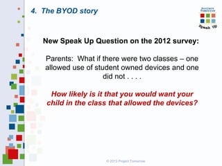 4. The BYOD story

New Speak Up Question on the 2012 survey:

Parents: What if there were two classes – one
allowed use of student owned devices and one
did not . . . .
How likely is it that you would want your
child in the class that allowed the devices?

© 2013 Project Tomorrow

 