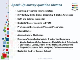 Speak Up survey question themes
 Learning & Teaching with Technology
 21st Century Skills: Digital Citizenship & Global Awareness
 Math and Science Instruction
 Students’ Career Interests in STEM
 Professional Development / Teacher Preparation
 Internet Safety

 Administrators’ Challenges
 Emerging Technologies both in & out of the Classroom
 Mobile Devices, Online Learning, Digital Content, E-textbooks
 Educational Games, Social Media tools and applications
 Flipped Classroom, Print to Digital, Online Assessments
 Designing the 21st Century School

© 2013 Project Tomorrow

 