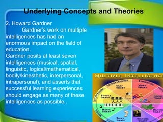 .2. Howard Gardner
Gardner’s work on multiple
intelligences has had an 
enormous impact on the field of 
education.
Gardner posits at least seven 
intelligences (musical, spatial, 
linguistic, logical/mathematical, 
bodily/kinesthetic, interpersonal, 
intrapersonal), and asserts that 
successful learning experiences 
should engage as many of these 
intelligences as possible.. 
Underlying Concepts and Theories
 
