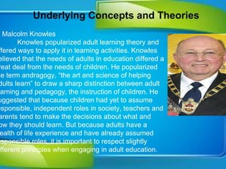 .
Underlying Concepts and Theories
. Malcolm Knowles
Knowles popularized adult learning theory and 
ffered ways to apply it in learning activities. Knowles 
elieved that the needs of adults in education differed a 
reat deal from the needs of children. He popularized 
he term andragogy, “the art and science of helping 
dults learn” to draw a sharp distinction between adult 
earning and pedagogy, the instruction of children. He 
uggested that because children had yet to assume 
esponsible, independent roles in society, teachers and 
arents tend to make the decisions about what and 
ow they should learn. But because adults have a 
ealth of life experience and have already assumed 
esponsible roles, it is important to respect slightly 
ifferent principles when engaging in adult education. 
 