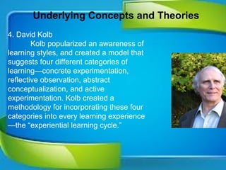 .
Underlying Concepts and Theories
4. David Kolb
Kolb popularized an awareness of 
learning styles, and created a model that 
suggests four different categories of 
learning—concrete experimentation, 
reflective observation, abstract 
conceptualization, and active 
experimentation. Kolb created a
methodology for incorporating these four 
categories into every learning experience
—the “experiential learning cycle.”
 