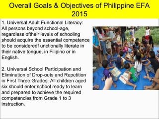 Overall Goals & Objectives of Philippine EFA
2015
1. Universal Adult Functional Literacy:
All persons beyond school-age,
regardless oftheir levels of schooling
should acquire the essential competence
to be consideredf unctionally literate in
their native tongue, in Filipino or in
English.
2. Universal School Participation and
Elimination of Drop-outs and Repetition
in First Three Grades: All children aged
six should enter school ready to learn
and prepared to achieve the required
competencies from Grade 1 to 3
instruction.
 