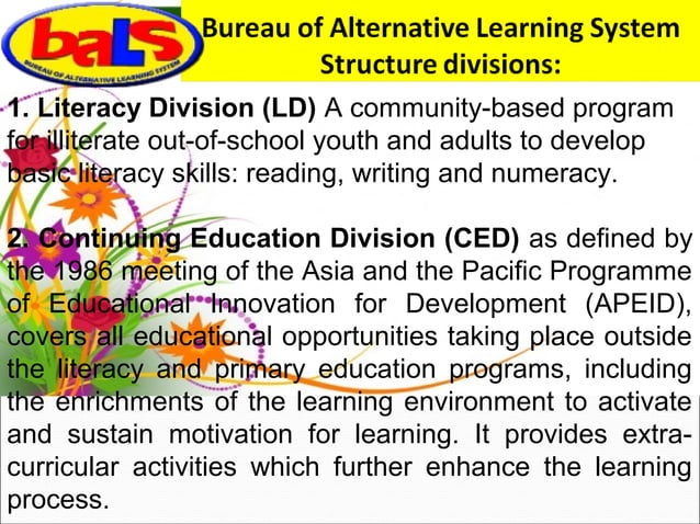 Alternative Learning System by Phoebe W. Taruc, mission, vision, EFA ...