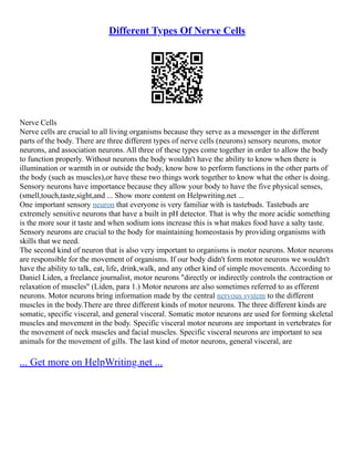 Different Types Of Nerve Cells
Nerve Cells
Nerve cells are crucial to all living organisms because they serve as a messenger in the different
parts of the body. There are three different types of nerve cells (neurons) sensory neurons, motor
neurons, and association neurons. All three of these types come together in order to allow the body
to function properly. Without neurons the body wouldn't have the ability to know when there is
illumination or warmth in or outside the body, know how to perform functions in the other parts of
the body (such as muscles),or have these two things work together to know what the other is doing.
Sensory neurons have importance because they allow your body to have the five physical senses,
(smell,touch,taste,sight,and ... Show more content on Helpwriting.net ...
One important sensory neuron that everyone is very familiar with is tastebuds. Tastebuds are
extremely sensitive neurons that have a built in pH detector. That is why the more acidic something
is the more sour it taste and when sodium ions increase this is what makes food have a salty taste.
Sensory neurons are crucial to the body for maintaining homeostasis by providing organisms with
skills that we need.
The second kind of neuron that is also very important to organisms is motor neurons. Motor neurons
are responsible for the movement of organisms. If our body didn't form motor neurons we wouldn't
have the ability to talk, eat, life, drink,walk, and any other kind of simple movements. According to
Daniel Liden, a freelance journalist, motor neurons "directly or indirectly controls the contraction or
relaxation of muscles" (Liden, para 1.) Motor neurons are also sometimes referred to as efferent
neurons. Motor neurons bring information made by the central nervous system to the different
muscles in the body.There are three different kinds of motor neurons. The three different kinds are
somatic, specific visceral, and general visceral. Somatic motor neurons are used for forming skeletal
muscles and movement in the body. Specific visceral motor neurons are important in vertebrates for
the movement of neck muscles and facial muscles. Specific visceral neurons are important to sea
animals for the movement of gills. The last kind of motor neurons, general visceral, are
... Get more on HelpWriting.net ...
 