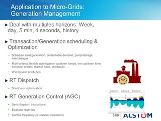 Application to Micro-Grids:
Generation Management
Deal with multiples horizons: Week,
day, 5 min, 4 seconds, history
Transaction/Generation scheduling &
Optimization
− Schedule local generation, controllable demand, pump/storage,
interchanges
− Multi-criteria, flexible optimization: up/down ramps, min up/down time,
emission credits, market rules, stochastic, …
− Wind power prediction
RT Dispatch
− Short term optimization
RT Generation Control (AGC)
− Send dispatch instructions
− Evaluate reserves
− Control frequency in islanded operations
 