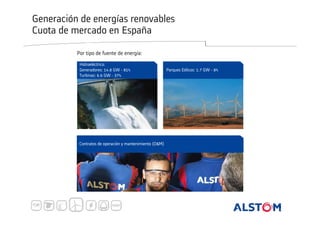 Generación de energías renovables
Cuota de mercado en España
Por tipo de fuente de energía:
Hidroeléctrico:
Generadores: 14.8 GW - 81%
Turbinas: 6.6 GW - 37%

Contratos de operación y mantenimiento (O&M)

Parques Eólicos: 1.7 GW - 8%

 